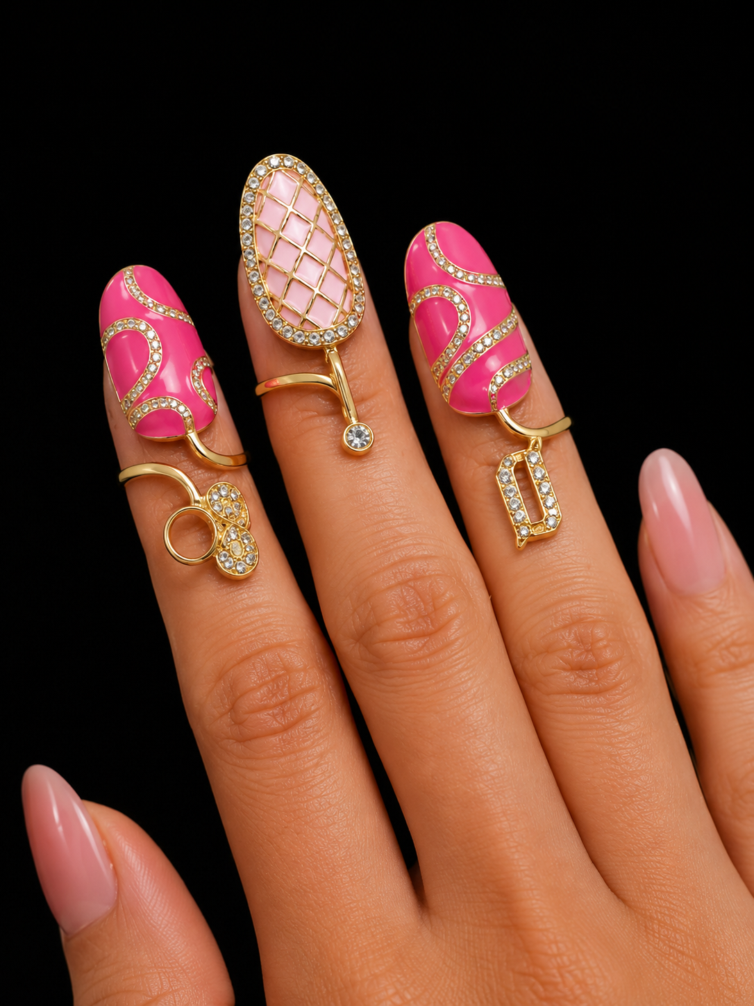 Open CZ Pink Nail Ring Set of 3 (Adjustable)