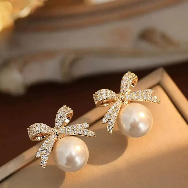 Crystal-studded bows and lustrous pearl drops - Pair of 3 (Combo Offer)