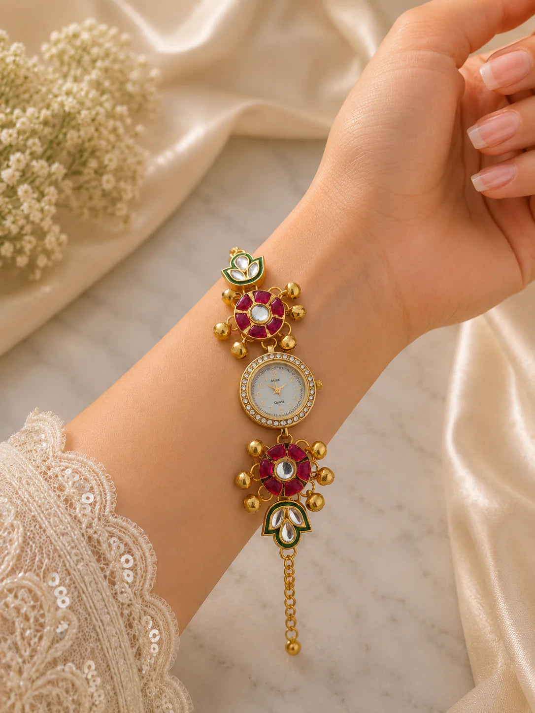 Noor Kashmiri Watch - Pink Kundan Stones